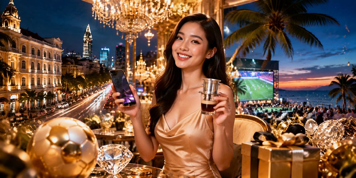 Người chơi VIP tại Hồ Chí Minh thưởng thức cà phê và kiểm tra ưu đãi thưởng trên điện thoại